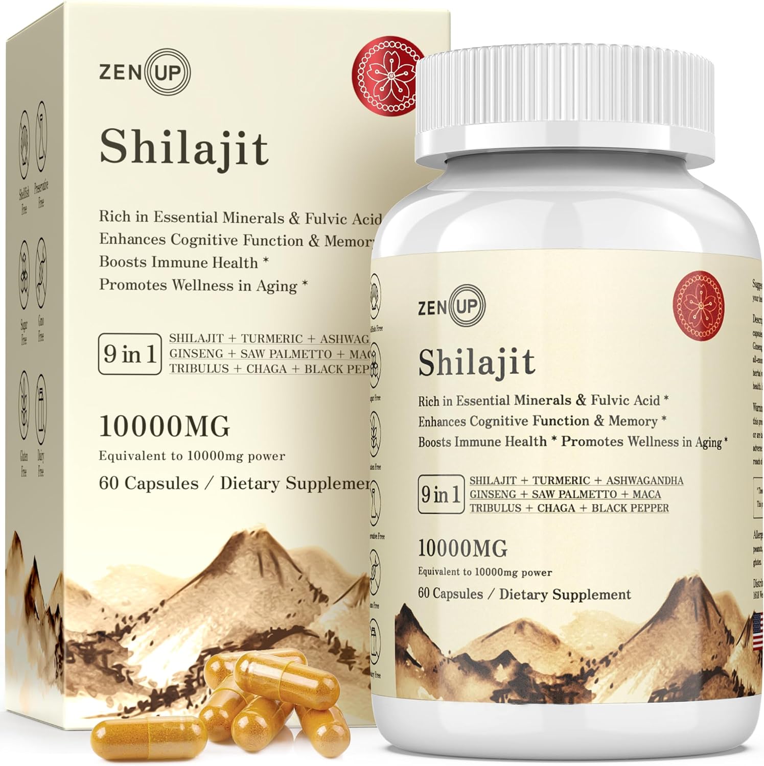 Shilajit Capsules 10000mg - 60 Capsules | Pure Shilajit Extract 9 in 1 Formula with Essential Minerals, Fulvic Acid | Enhances Cognitive Function, Memory and Boosts Immune Health